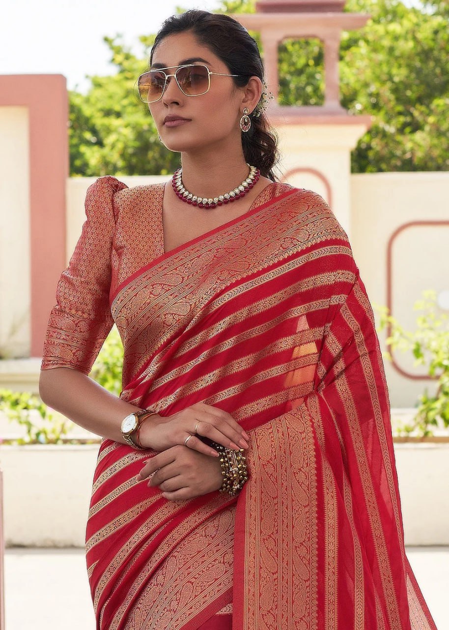 Red Banarasi Silk Saree with Golden Zari Stripes and Woven Border