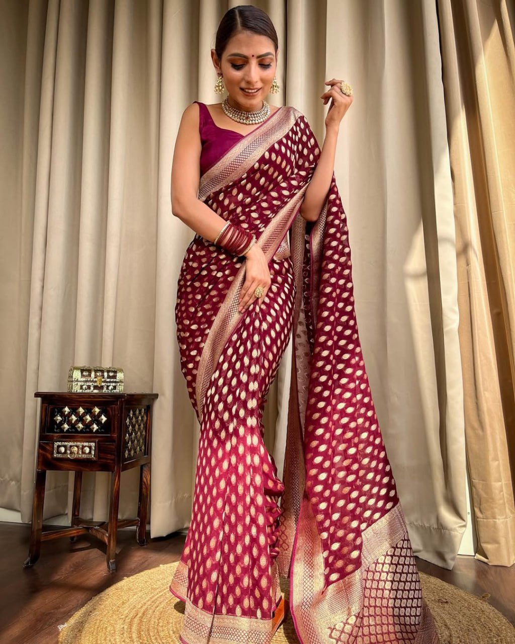 Maroon Banarasi Silk Saree with Golden Zari Weave and Contrast Blouse
