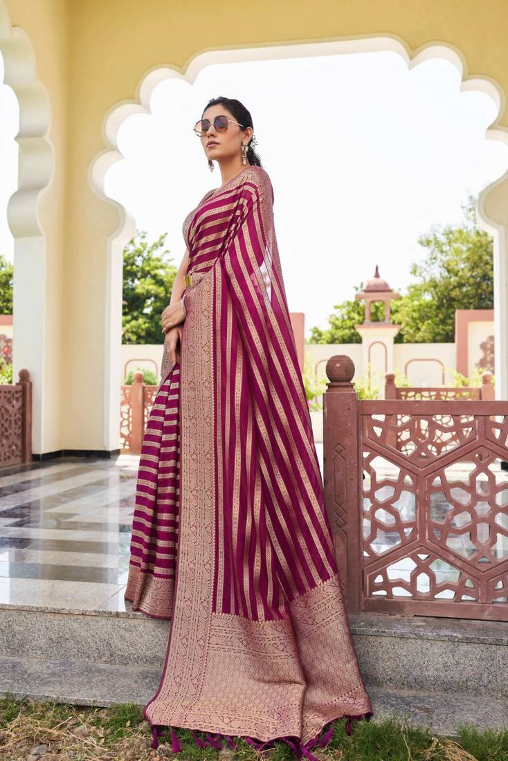 Traditional Banarasi Silk Saree with Striped Pattern and Golden Zari Border