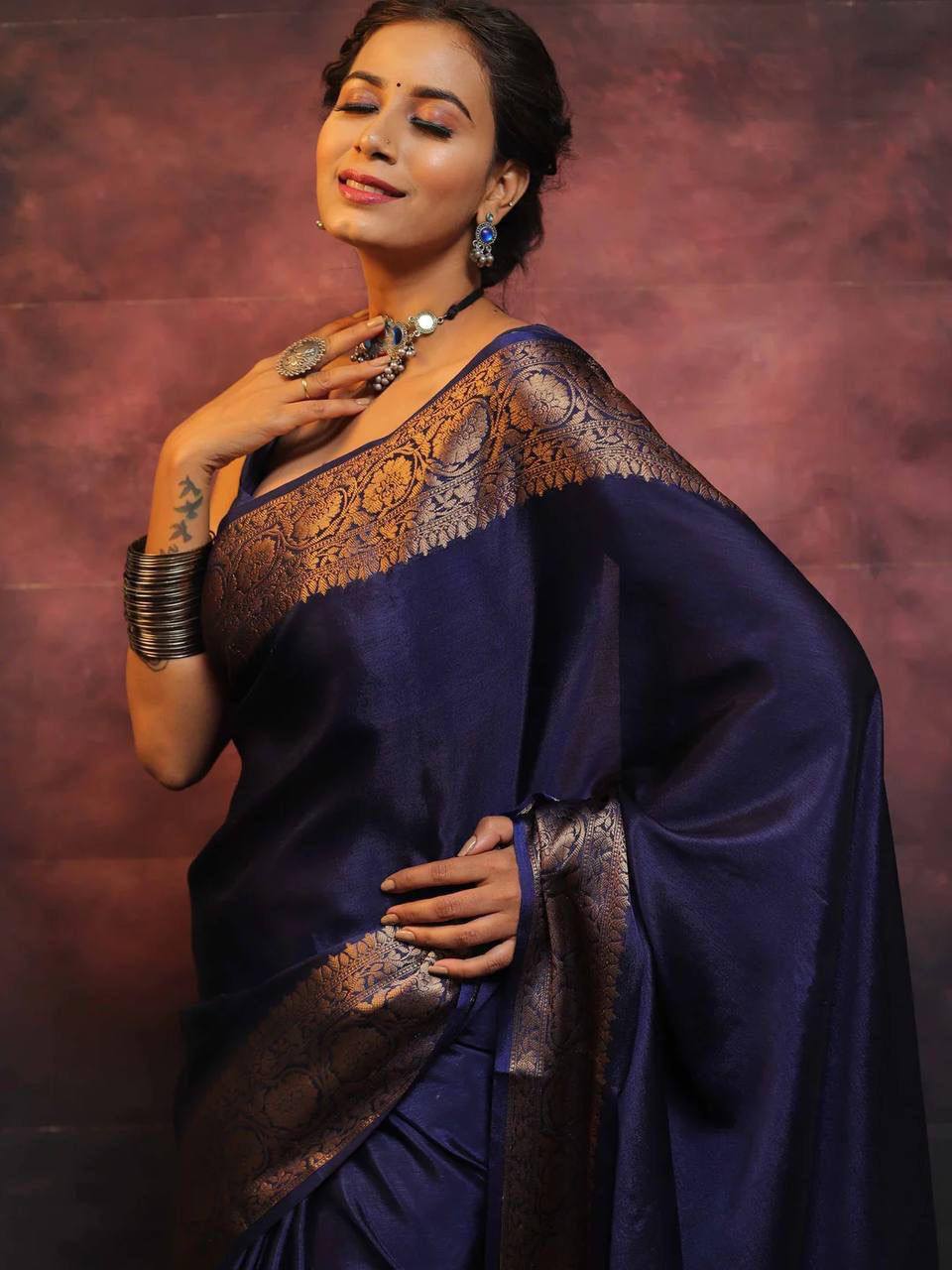 Royal Navy Blue Banarasi Silk Saree with Golden Zari Border