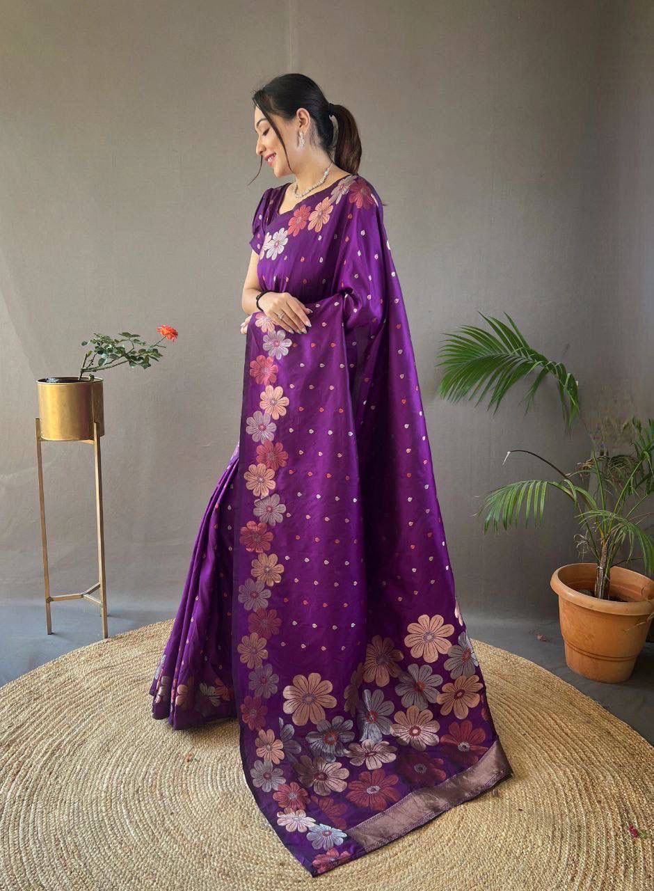 Purple Silk Saree with Floral Weaving and Golden Booti Work