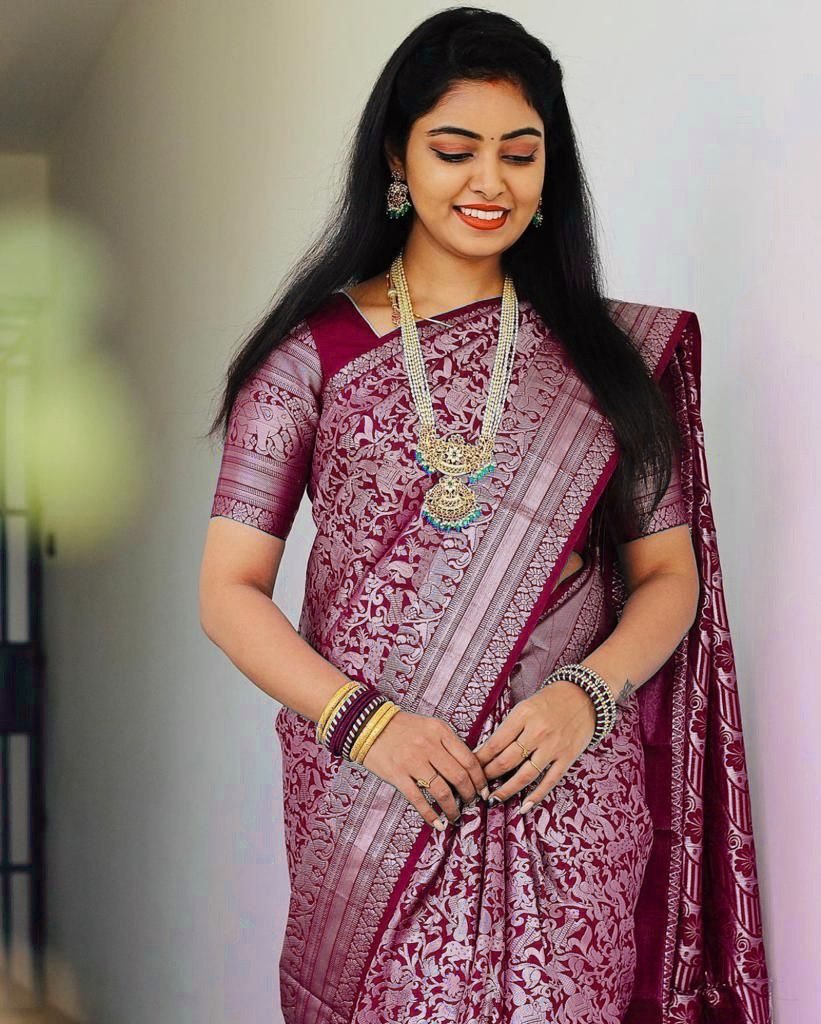 Banarasi Silk Saree with Intricate Woven Design in Wine Purple