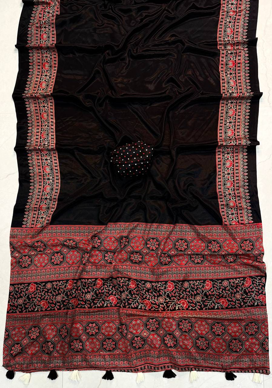 Premium Ajrakh Designer Crepe Silk Saree with Floral Border & Tassel Detailing