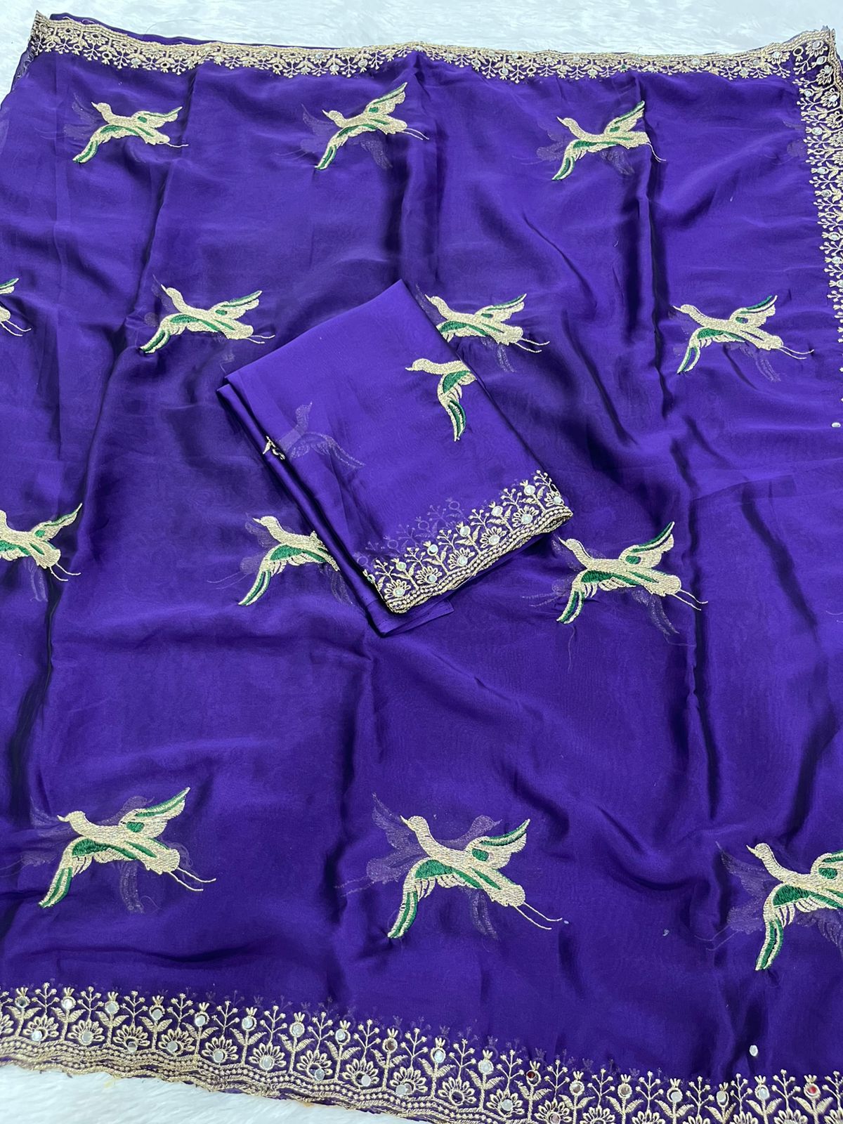 Premium Embroidery & Mirror Work Saree with Designer Blouse