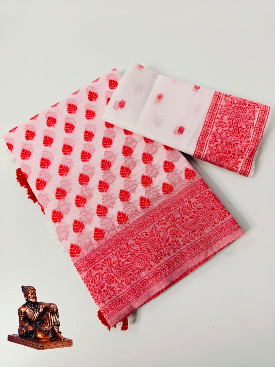 Durga Pooja Edition Heavy Blooming Cotton Silk Saree with Jacquard Pallu & Blouse