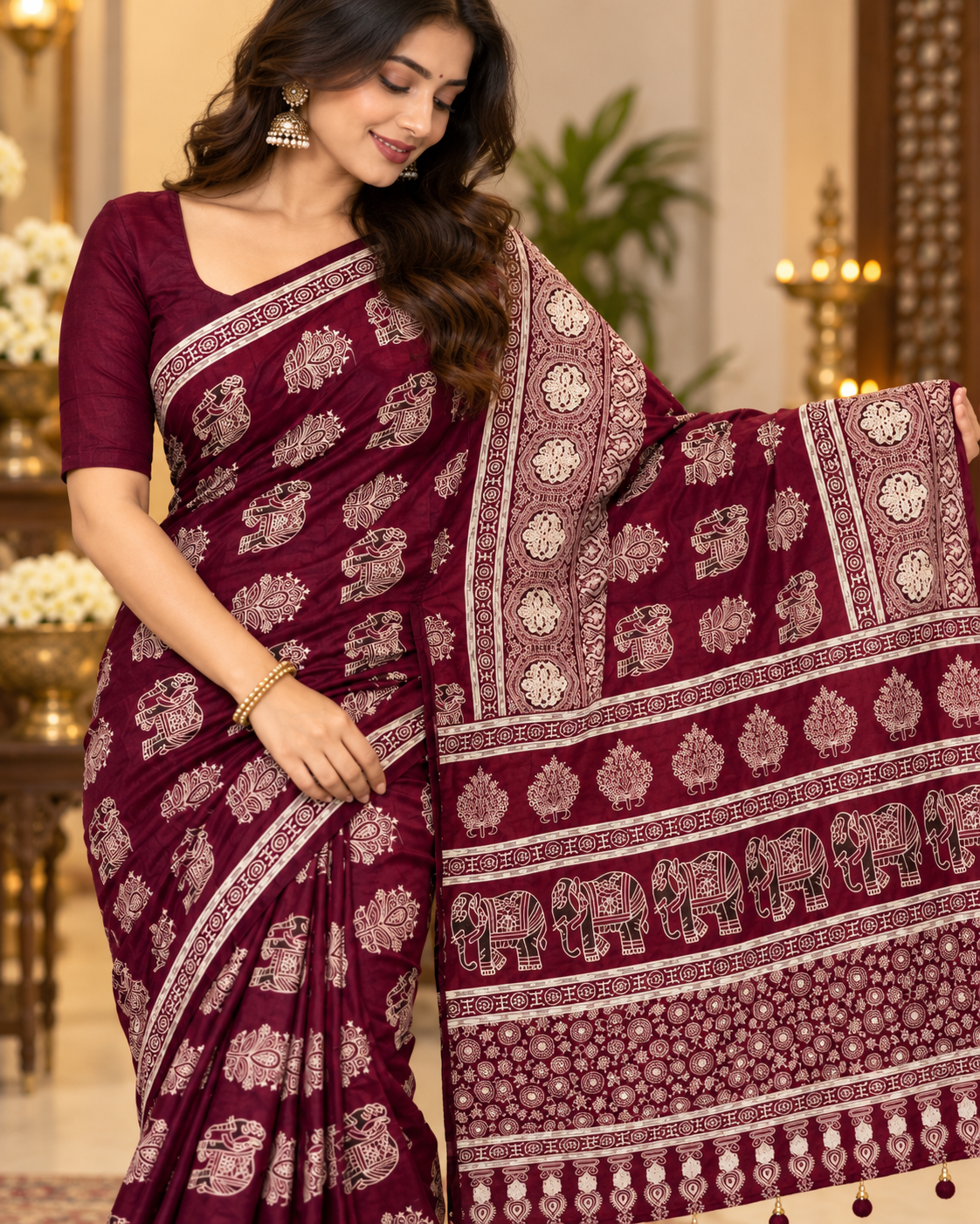 Premium Crepe Silk Designer Saree with Traditional Elephant & Floral Print