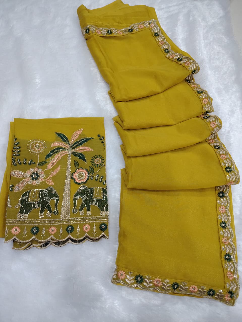 Royal Elephant Art Embroidered Saree with Designer Blouse