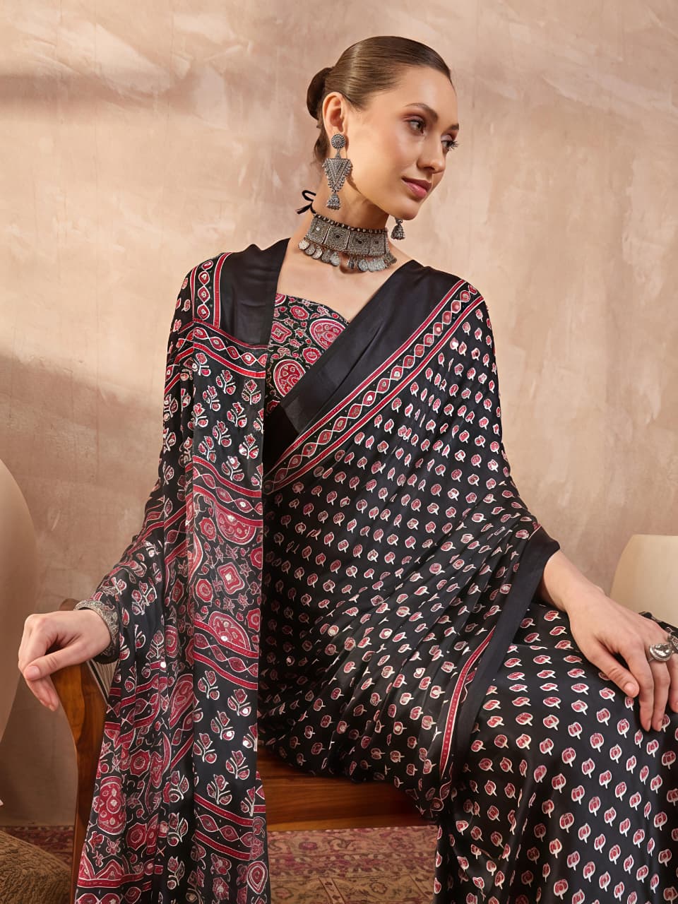 Aaina Vol 6 Silk Crepe Saree with Ethnic Ajrak Print & 1600 Mirror Work