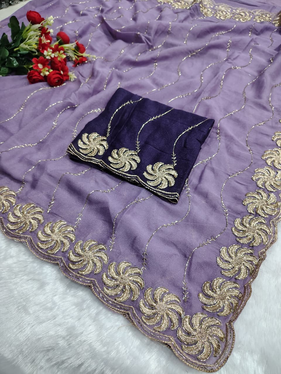 Ring Star Georgette Saree with Sequence Bits Work & Contrast Running Blouse