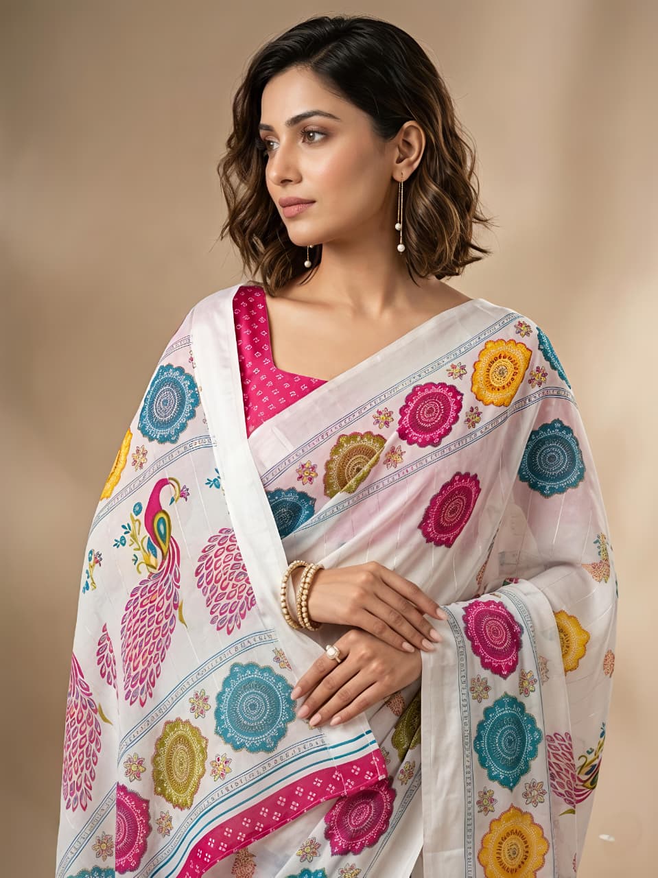 Rajwadi Mor Masakali Blooming Georgette Saree with Bandhej Print & Zari Weave