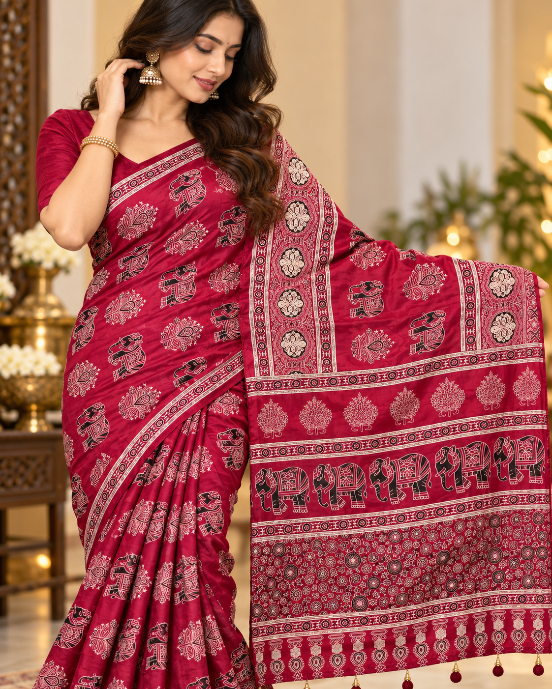 Premium Crepe Silk Designer Saree with Traditional Elephant & Floral Print