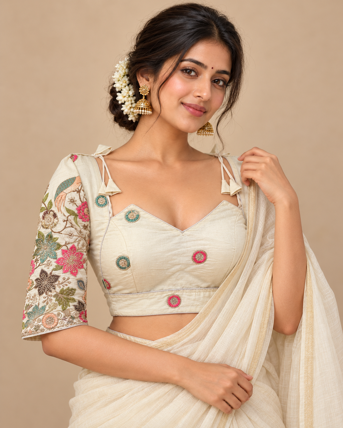 Pure Khadi Cotton Floral Embroidered Blouse – Heavy Padded | Front Open | 38–42