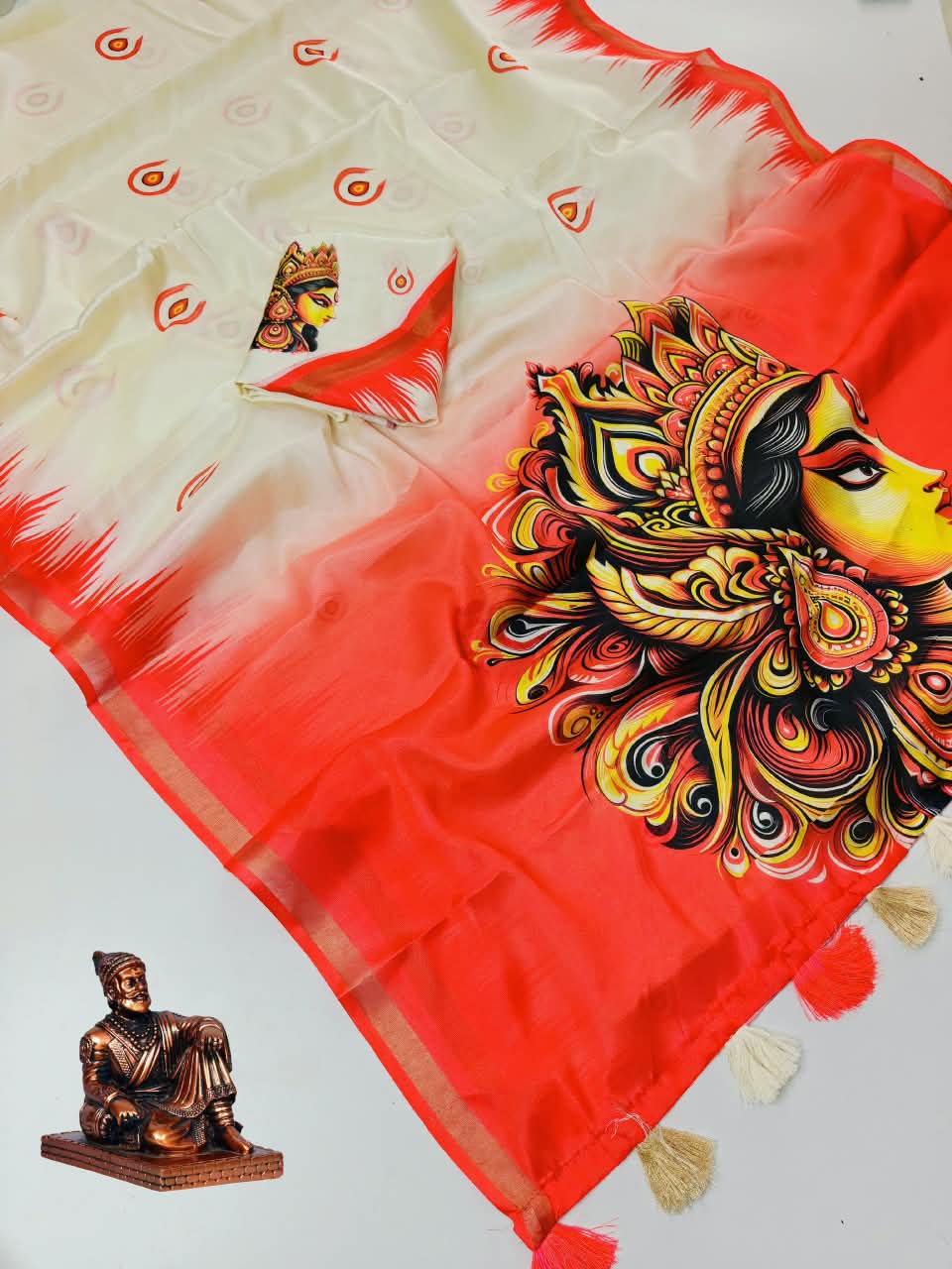 Durga Pooja Cotton Saree with Gold Pattu Border, Pallu & Matching Blouse
