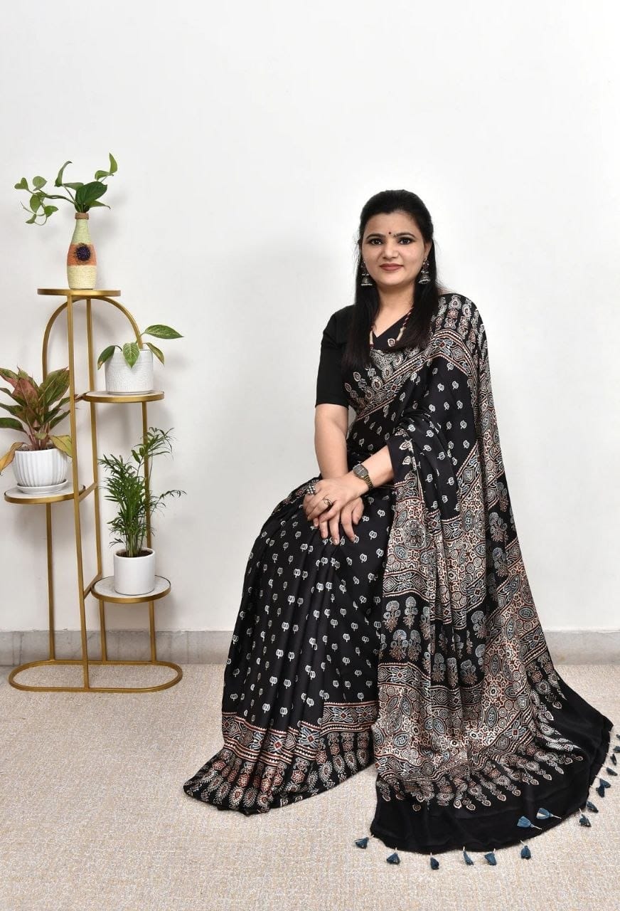Premium Ajrakh Gajji Crepe Silk Saree with Traditional Ethnic Print & Blouse