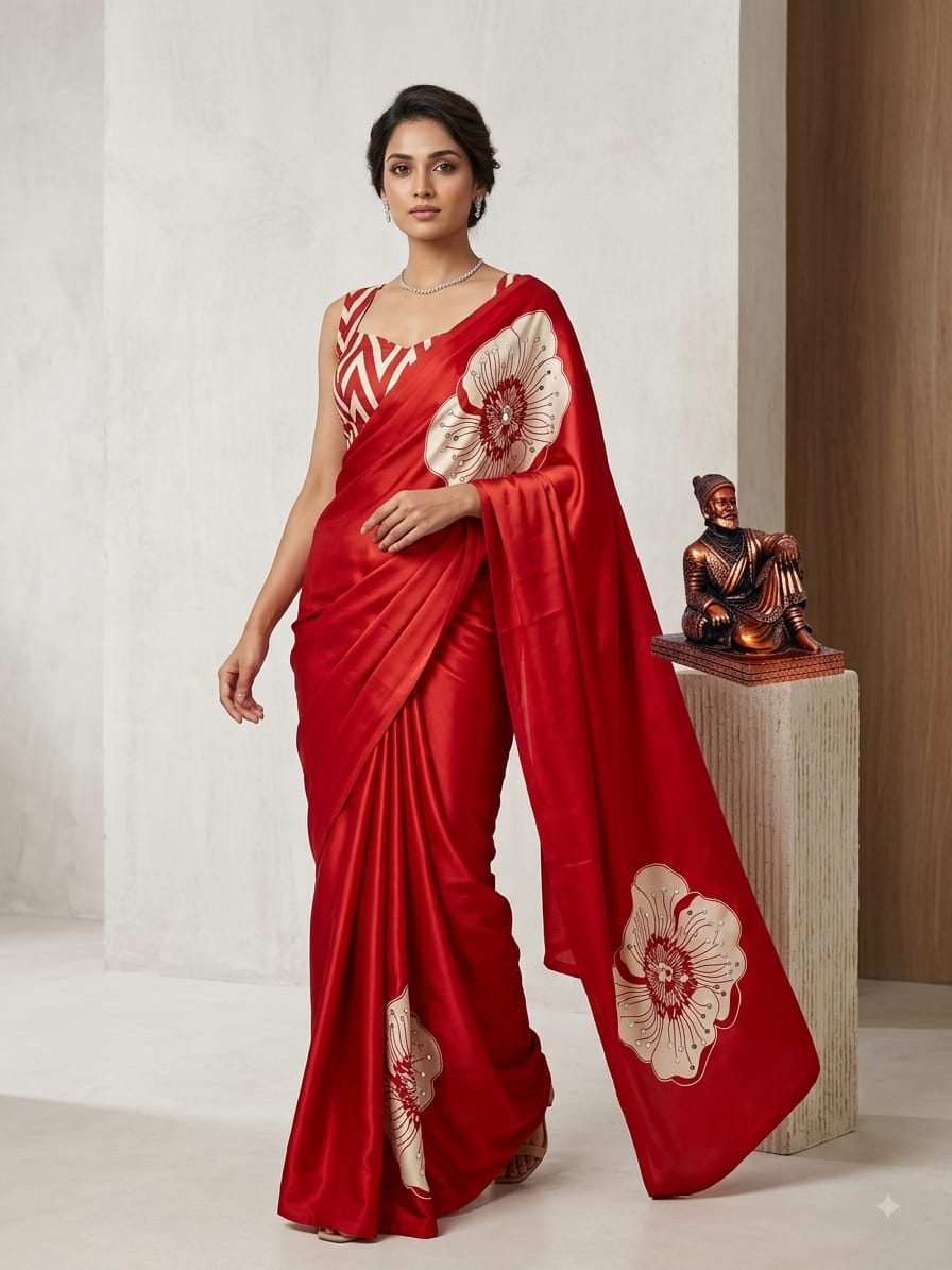 Aaina Silk Crepe Saree with Ethnic Floral Print & Mirror Work