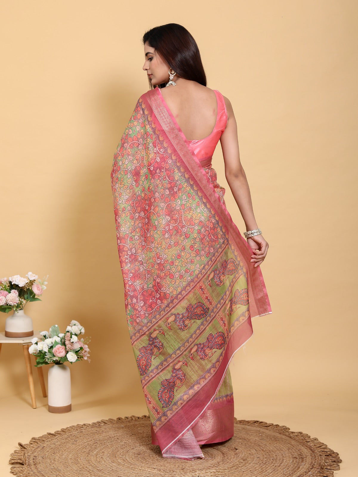 Pink Heritage Heavy Linen Saree with Artistic Floral & Peacock Print