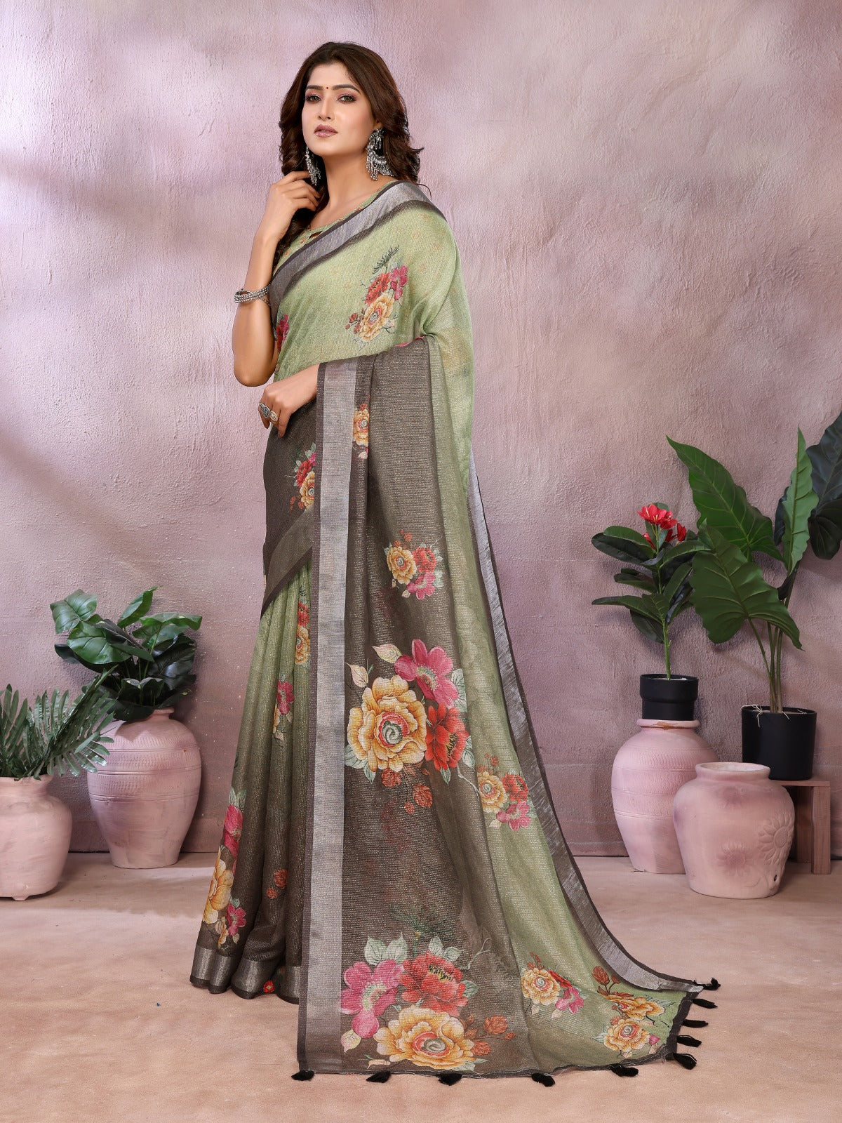 Floral Elegance Linen Shimmer Saree with Designer Printed Border & Tassel Pallu