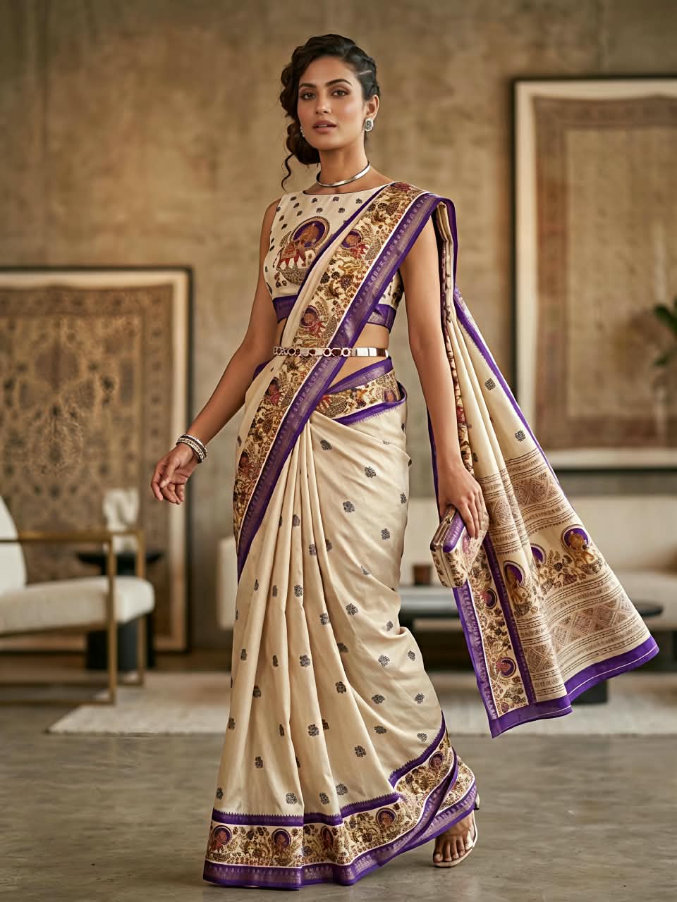 Premium Marsh Mellow Saree with Gajraj Print & Double Temple Pattu Border