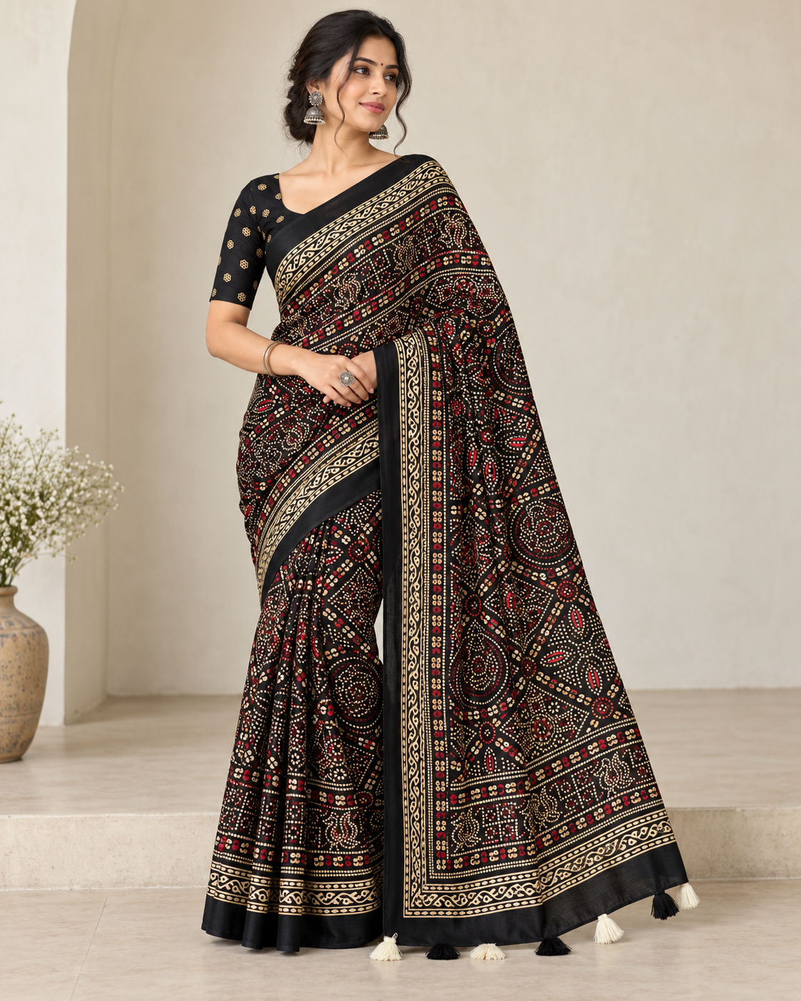 Premium Ajrakh Designer Crepe Silk Saree with Traditional Bandhani-Inspired Print & Tassel Border