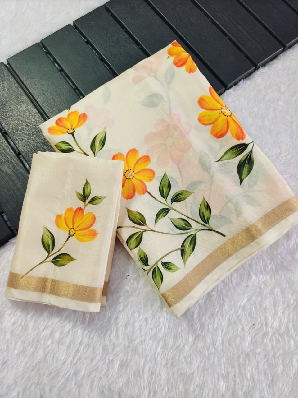 Sun Flower Masakali Blooming Saree with Floral Print & Gola Zari Border