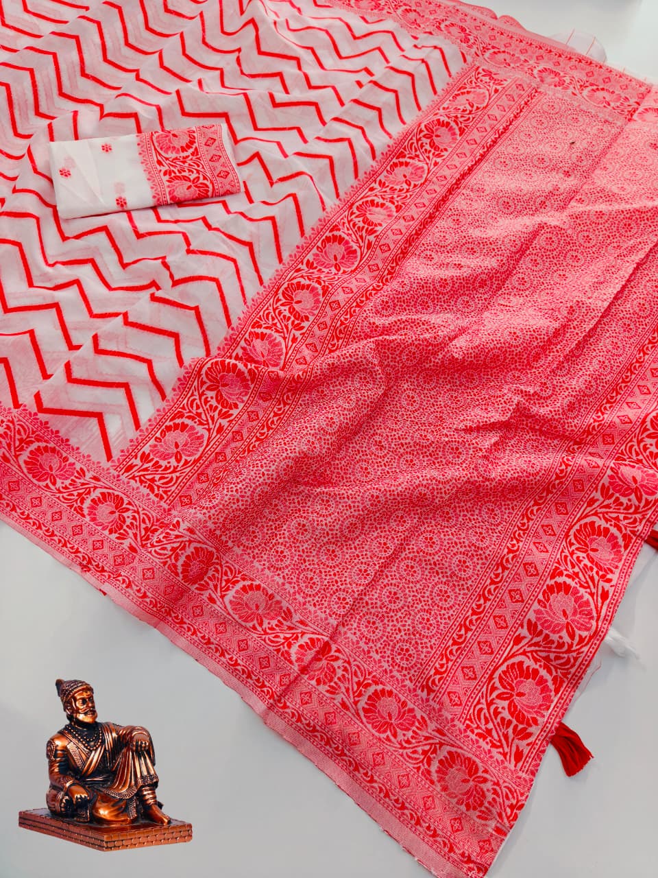 Durga Pooja Edition Heavy Blooming Cotton Silk Saree with Jacquard Pallu & Blouse