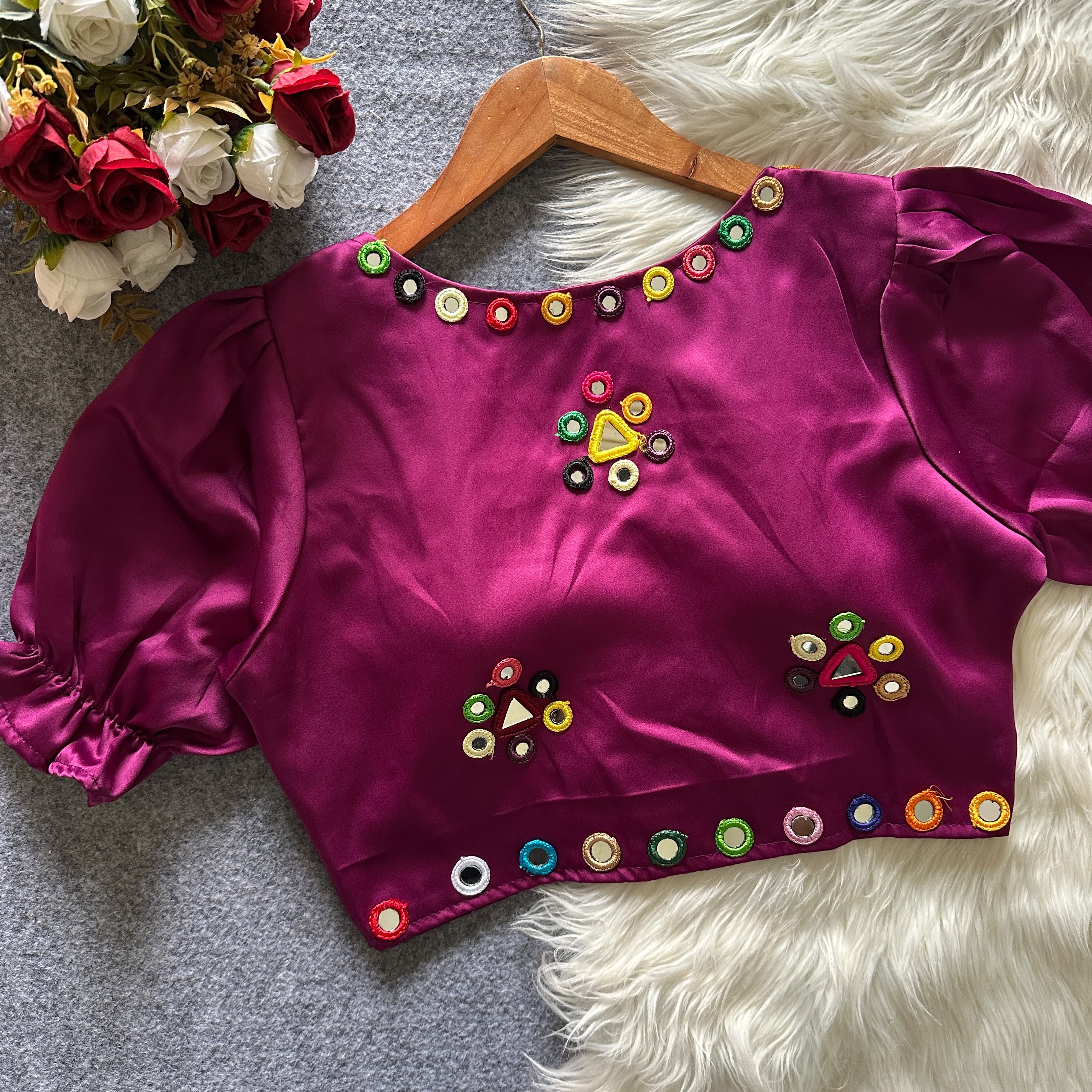 Navratri Satin Silk Multicolour Mirror Work Designer Blouse – Free Size 38–42
