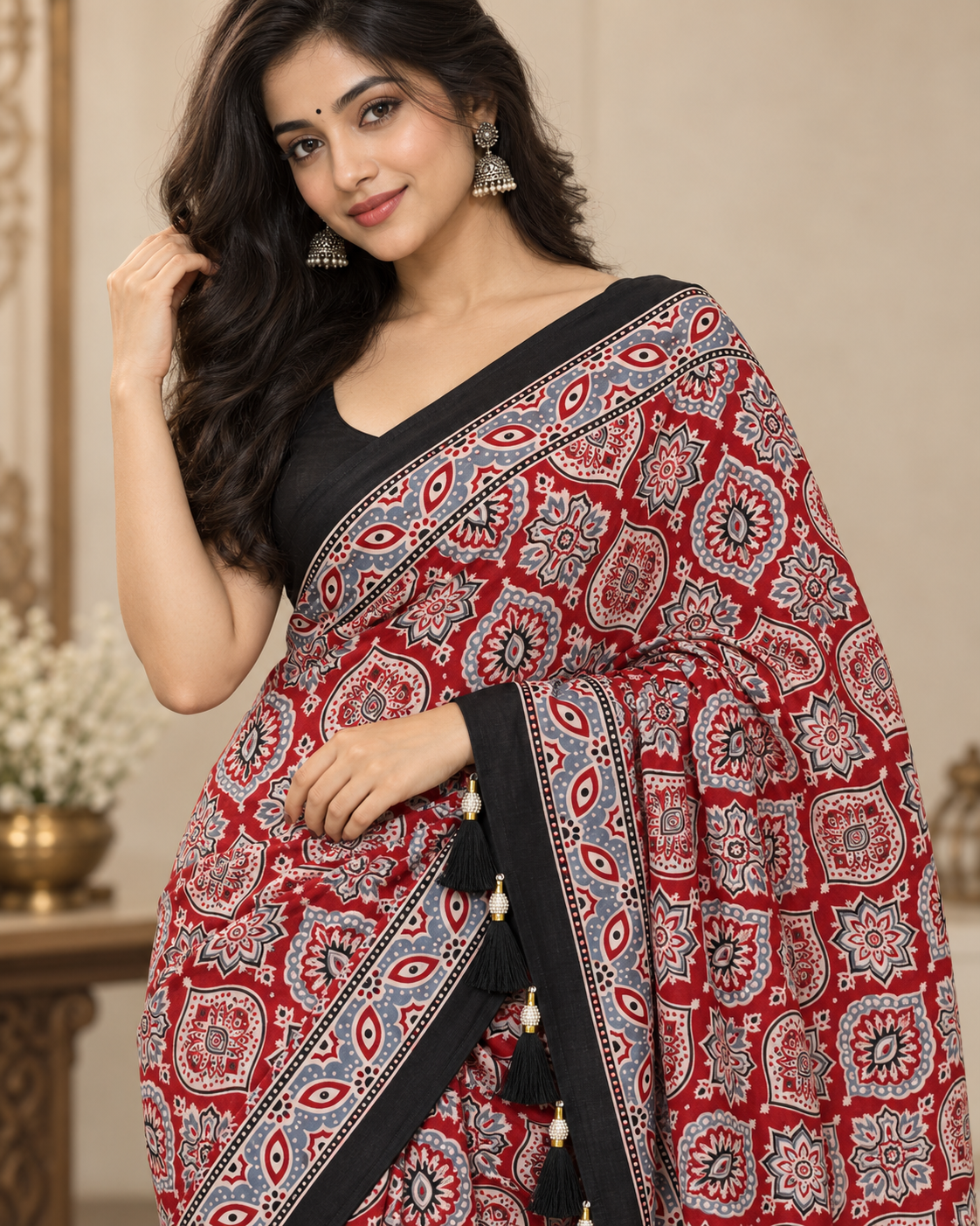 Premium Ajrakh Designer Crepe Silk Saree with Floral Print & Tassel Border