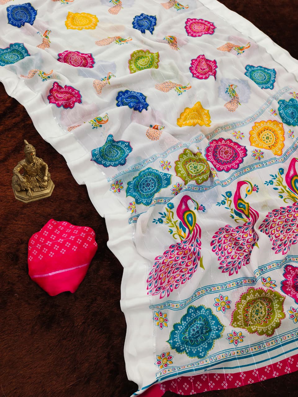 Rajwadi Mor Masakali Blooming Georgette Saree with Bandhej Print & Zari Weave