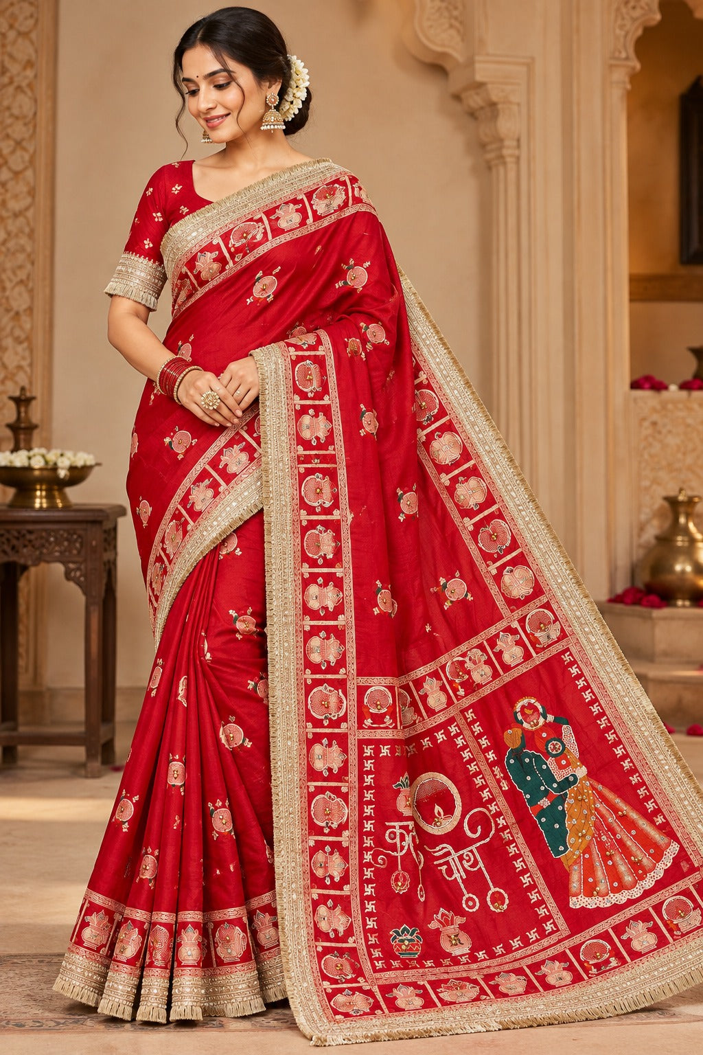 Karva Chauth Special Heavy Pure Silk Saree with Mirror, Ghungroo & Sequins Work with Stitched Blouse