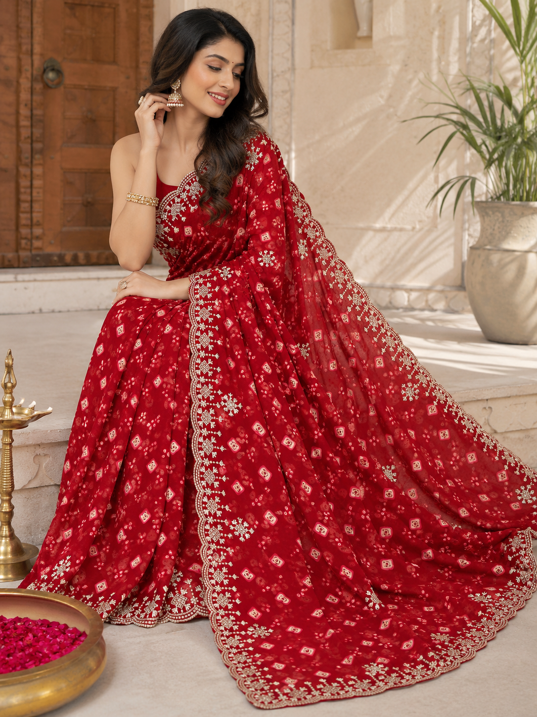 Women's Red Georgette Bandhani Print Embroidered Saree with Matching Mono Silk Blouse