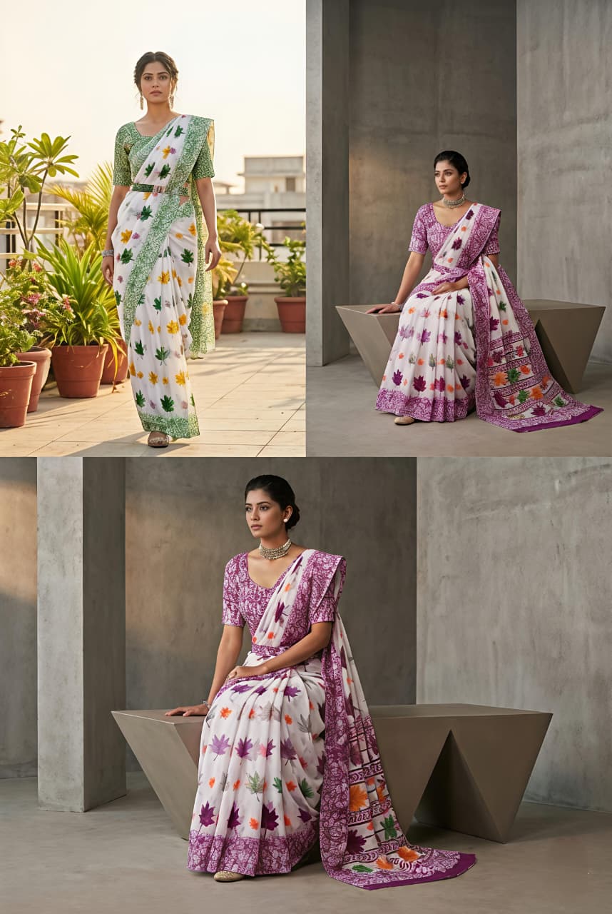 Soft Georgette Floral Leaf Digital Print Saree — Shopify Product Listing