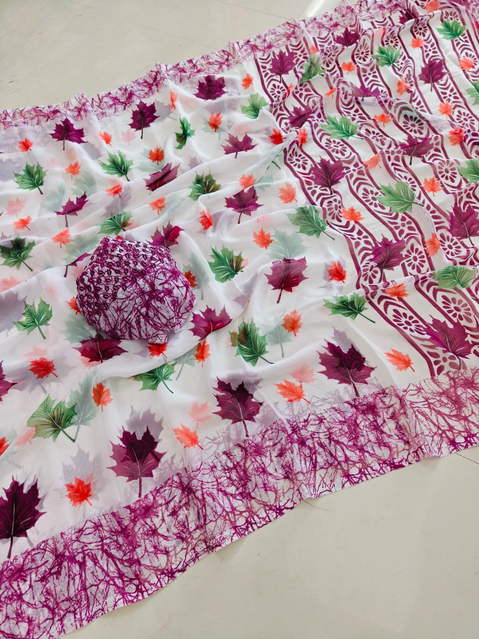 Soft Georgette Floral Leaf Digital Print Saree — Shopify Product Listing