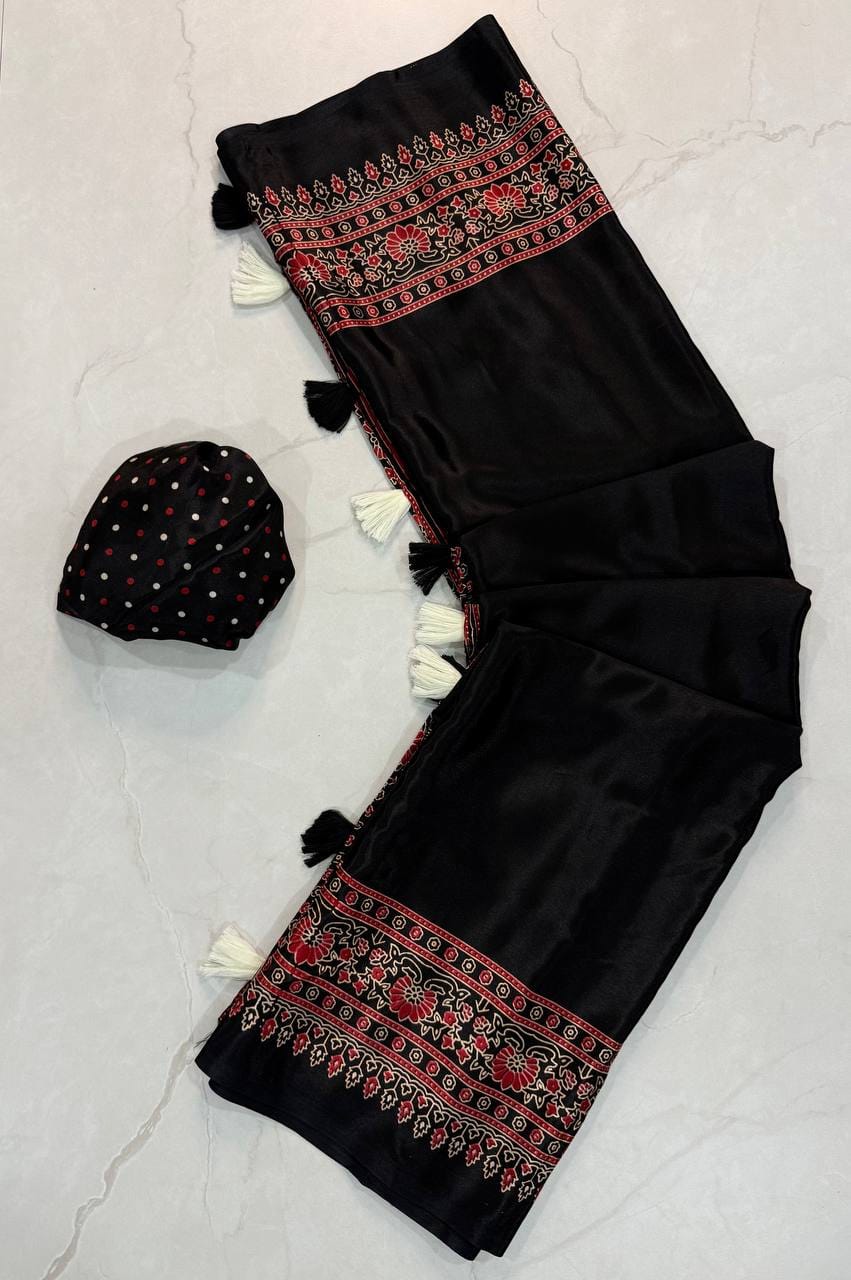 Premium Ajrakh Designer Crepe Silk Saree with Floral Border & Tassel Detailing