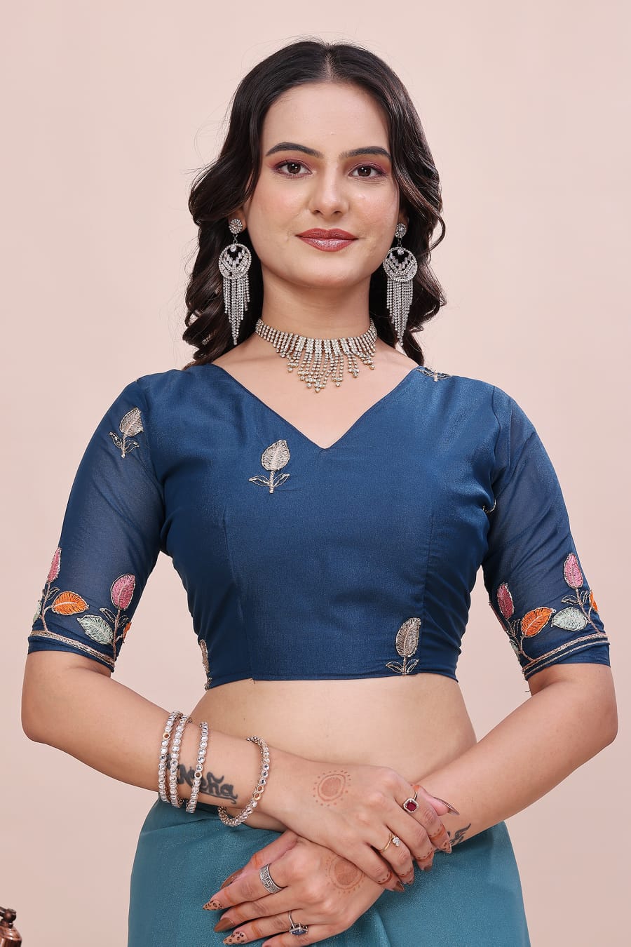 Rose Petal Embroidered Star Georgette Saree with Beads Work Border