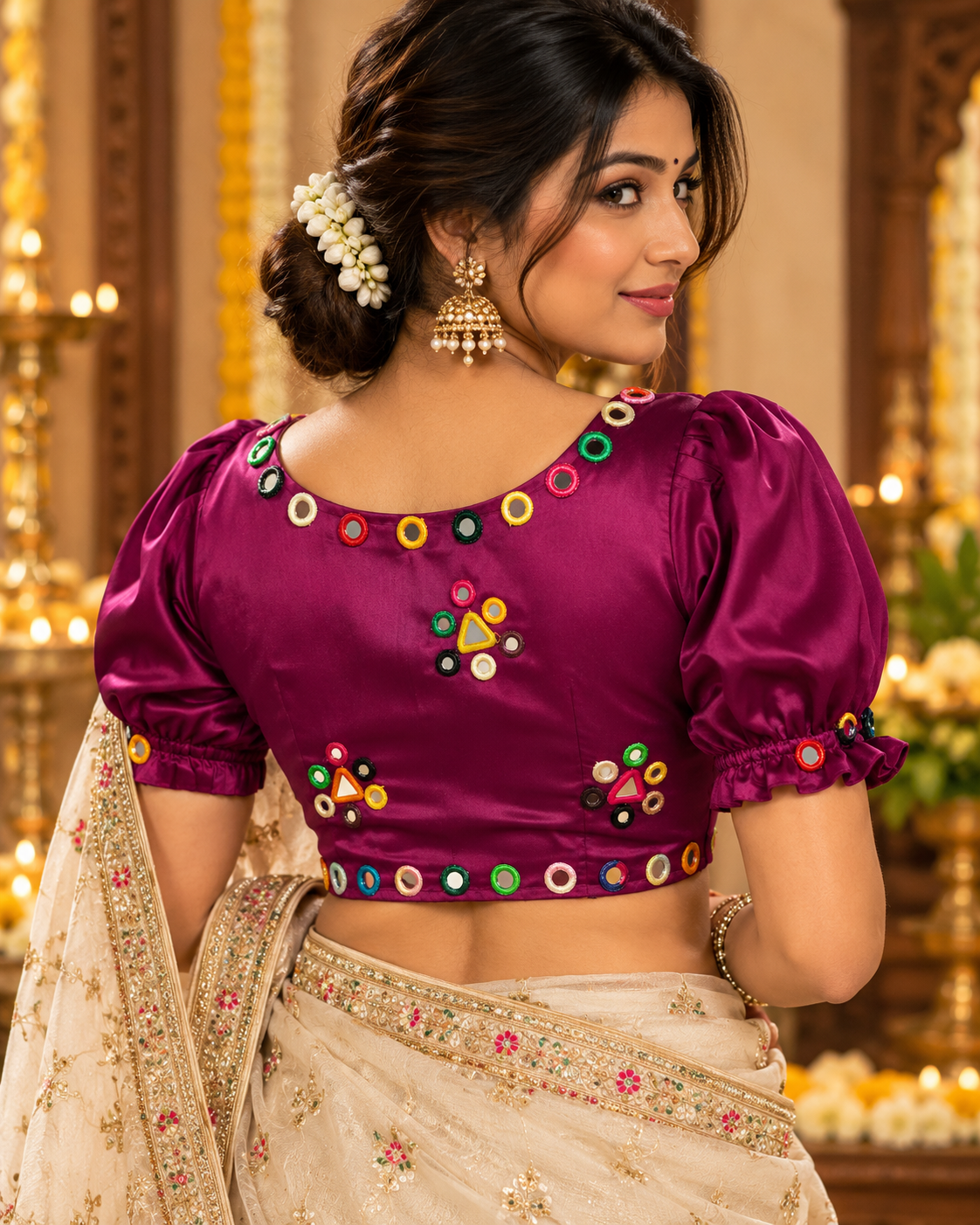 Navratri Satin Silk Multicolour Mirror Work Designer Blouse – Free Size 38–42