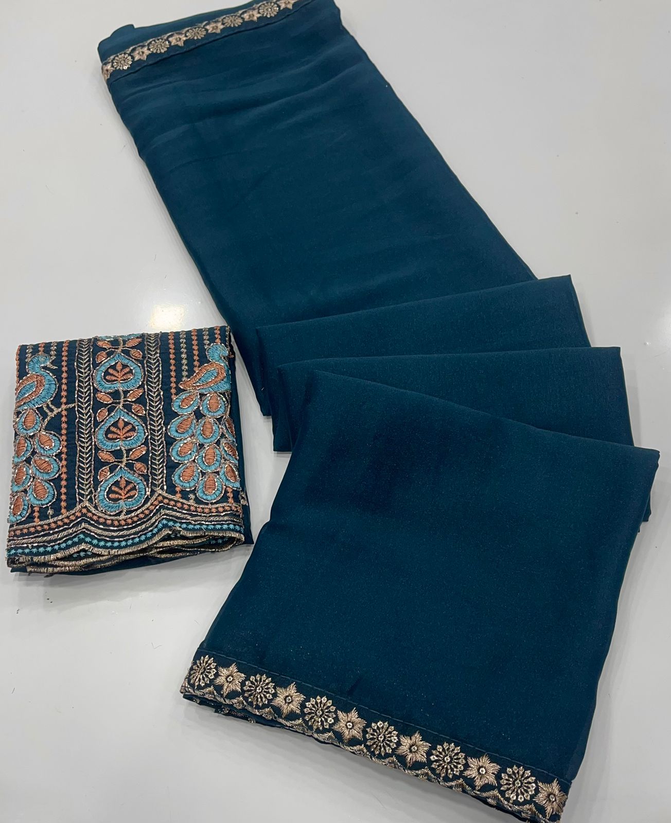 Peacock Bliss Designer Star Georgette Saree with Heavy Embroidered Peacock Blouse