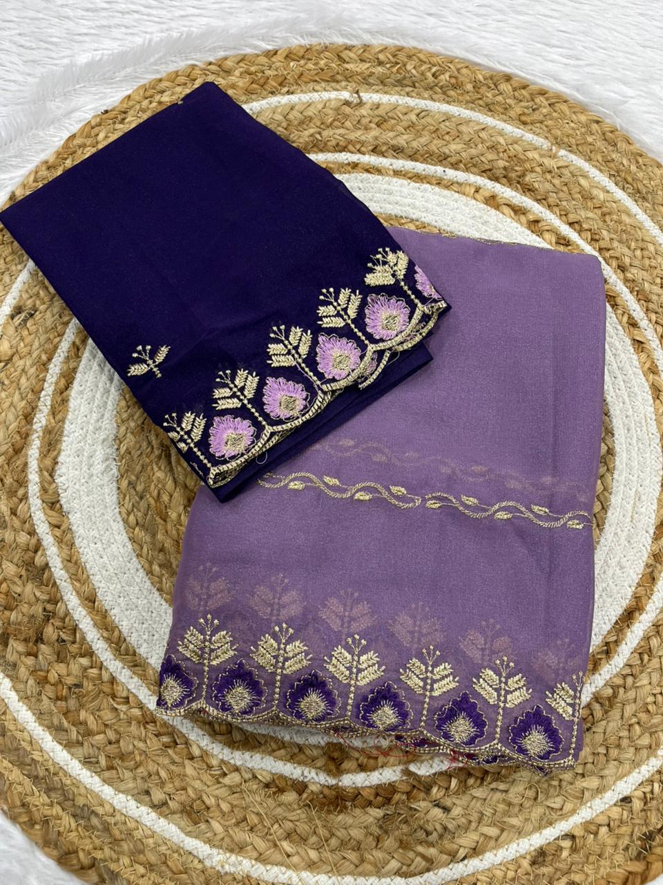 Jhanvi Collection – Premium Star Georgette Saree with Embroidered Border & Contrast Blouse