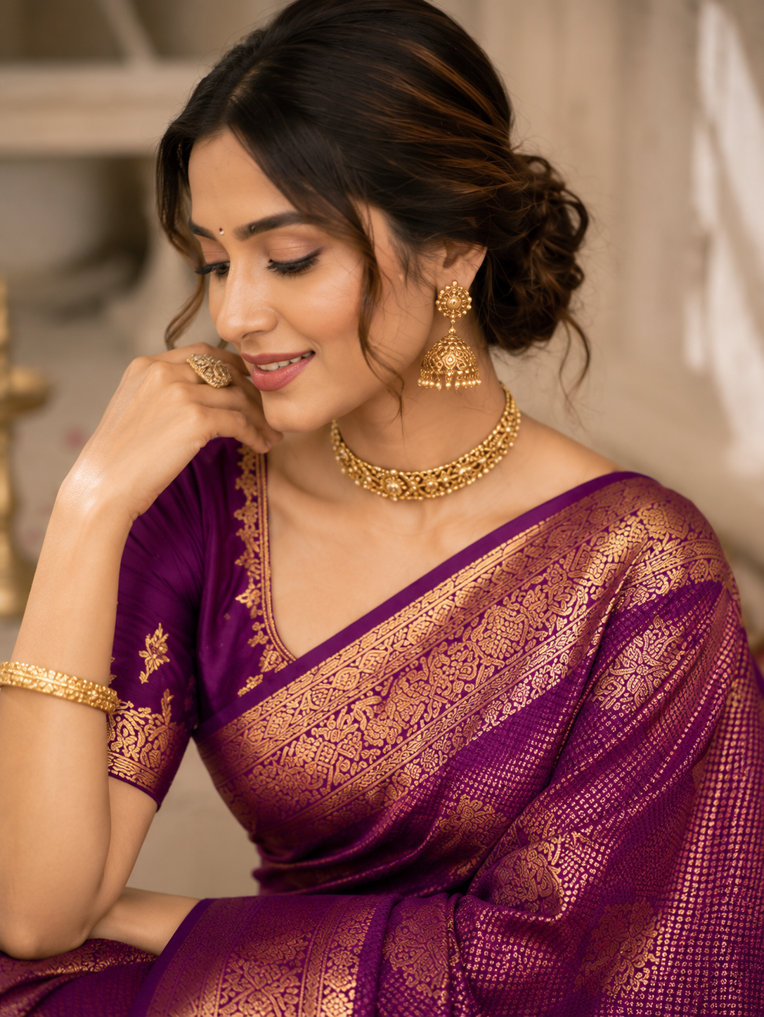 Women's Purple Soft Litchi Silk Saree with Rich Jacquard Woven Pallu & Running Blouse