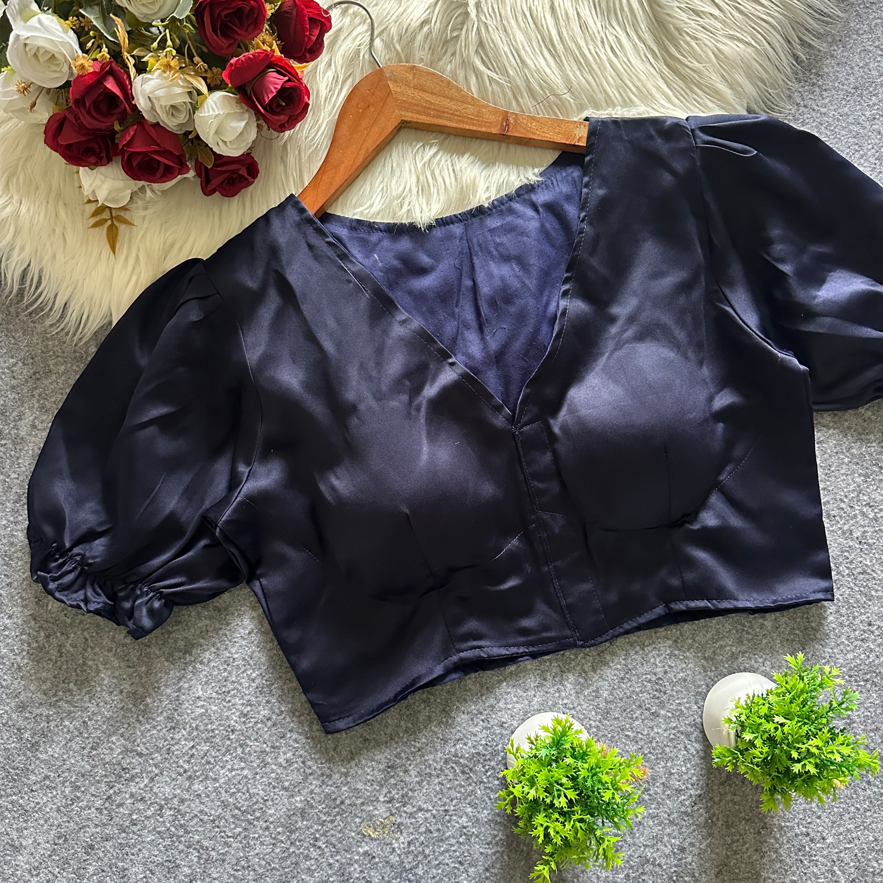 Pure Malai Satin Padded Designer Blouse – Open Back | Free Size 38–42