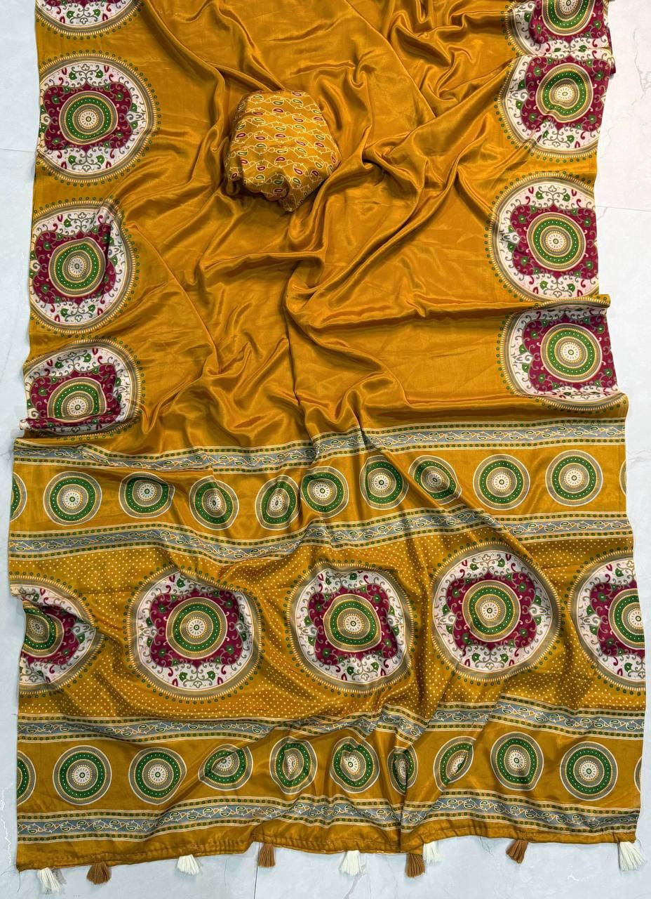 Premium Ajrakh Designer Crepe Silk Saree with Circular Motif Print & Tassel Border