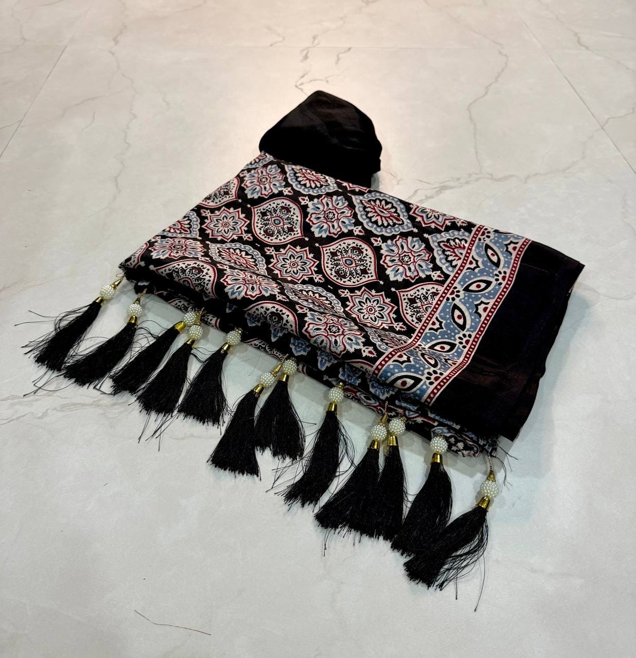 Premium Ajrakh Designer Crepe Silk Saree with Floral Print & Tassel Border