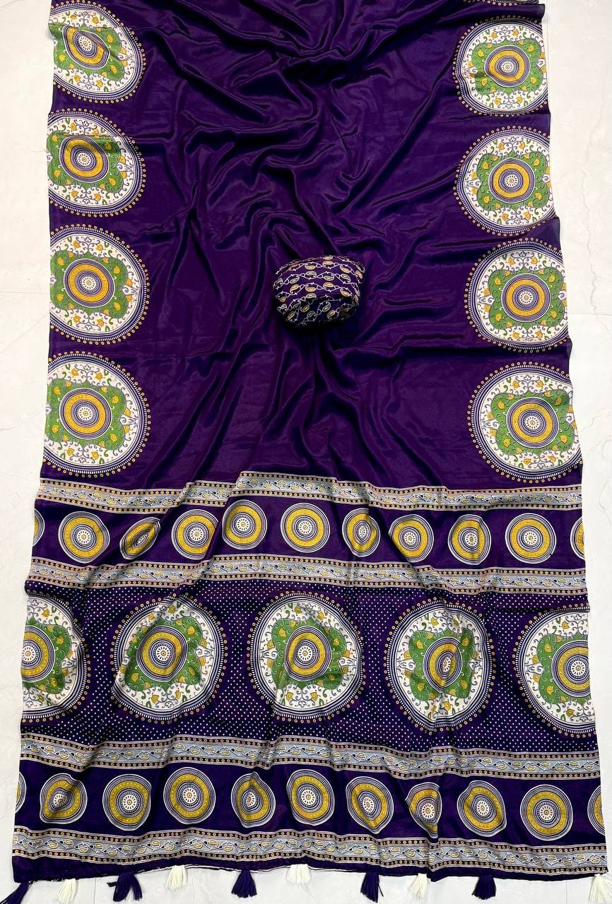 Premium Ajrakh Designer Crepe Silk Saree with Circular Motif Print & Tassel Border