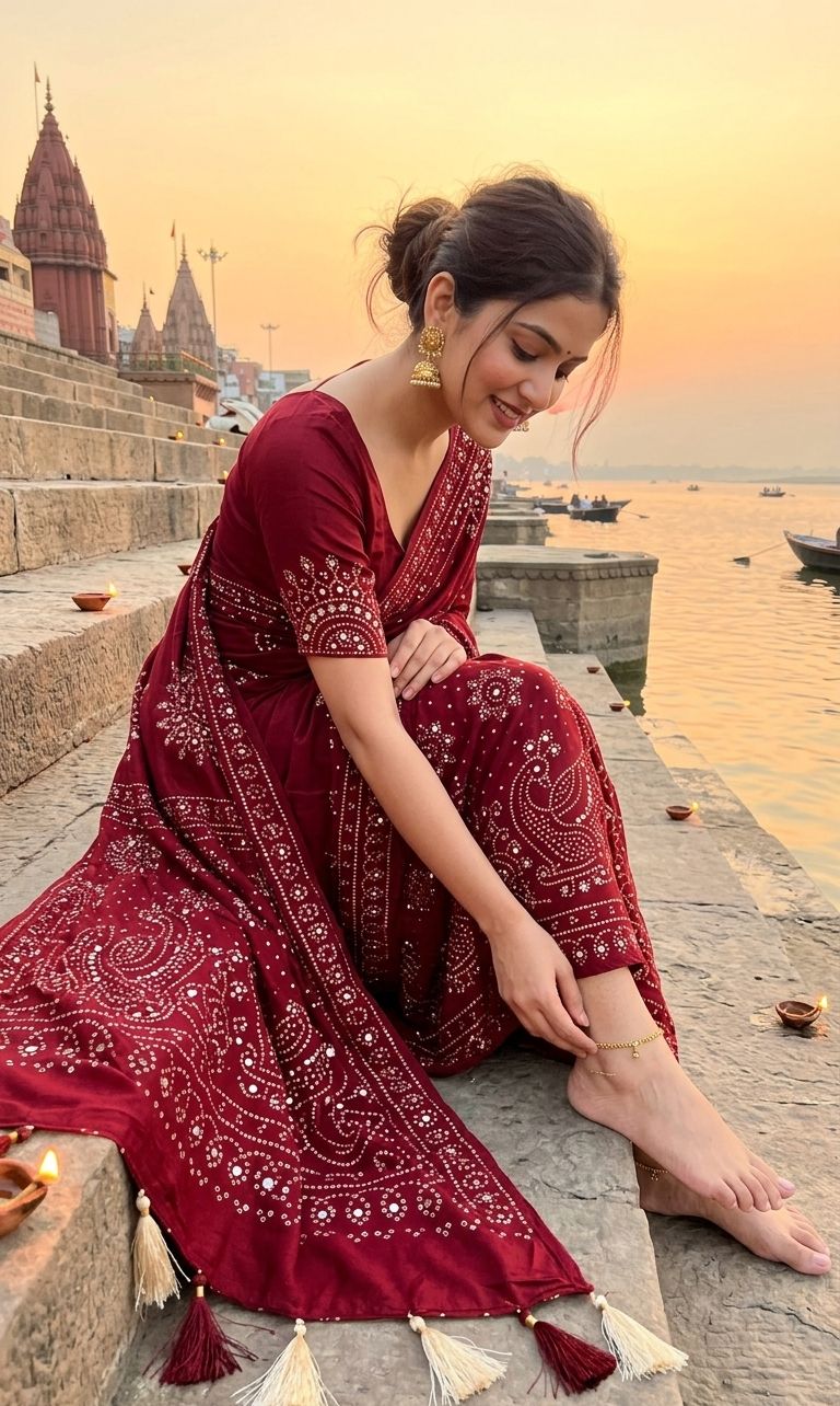 Bandhani Love Premium Moss Satin Ajrakh Saree with Zari & Mirror Work and Tassel Border