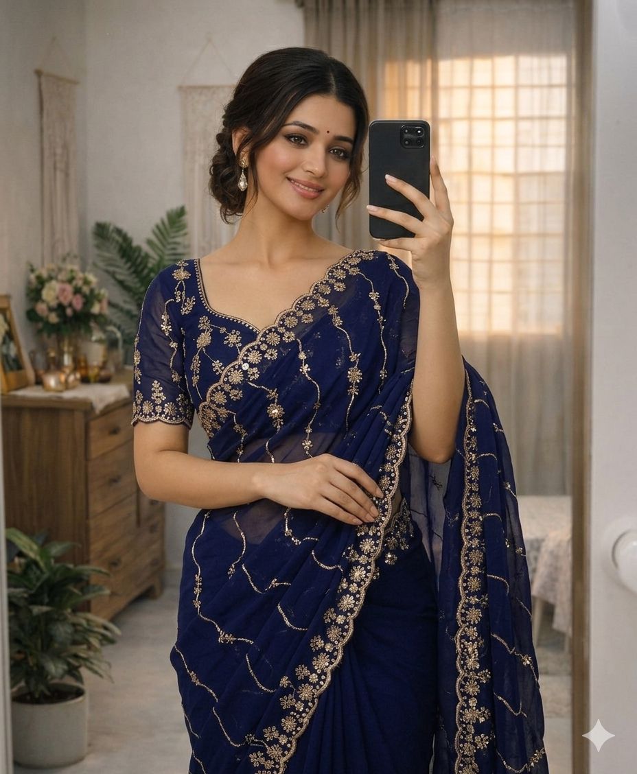Royal Noor Star Georgette Saree with Multi Embroidered Sequins Work | Designer Party Wear Saree