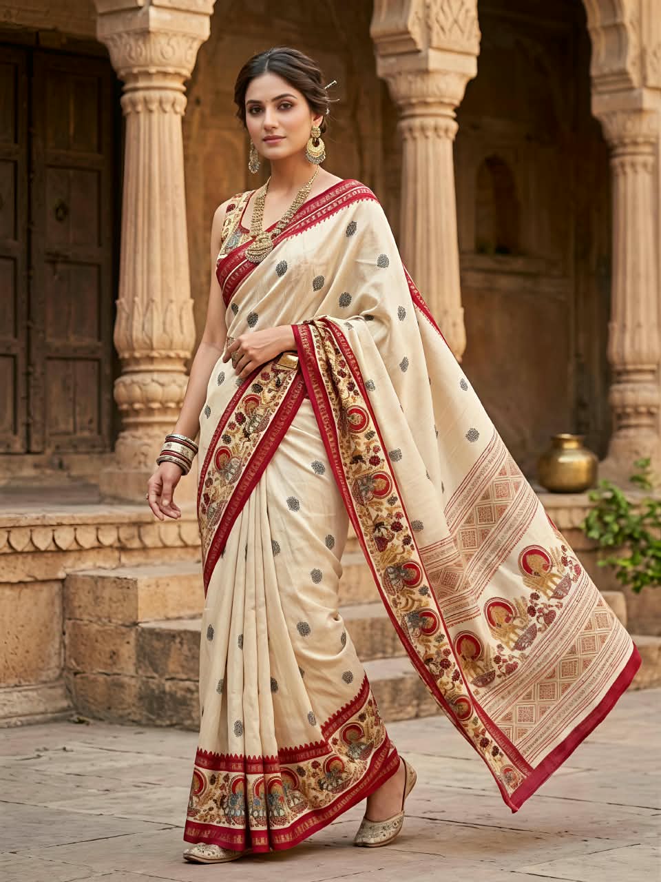 Premium Marsh Mellow Saree with Gajraj Print & Double Temple Pattu Border