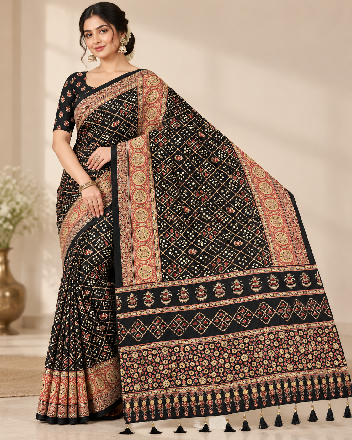 Premium Ajrakh Designer Crepe Silk Saree with Multi-Pattern Border & Tassel Work