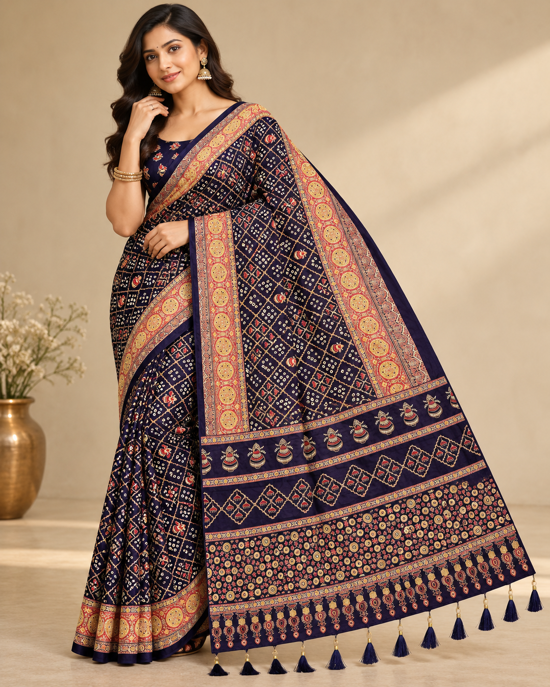 Premium Ajrakh Designer Crepe Silk Saree with Multi-Pattern Border & Tassel Work