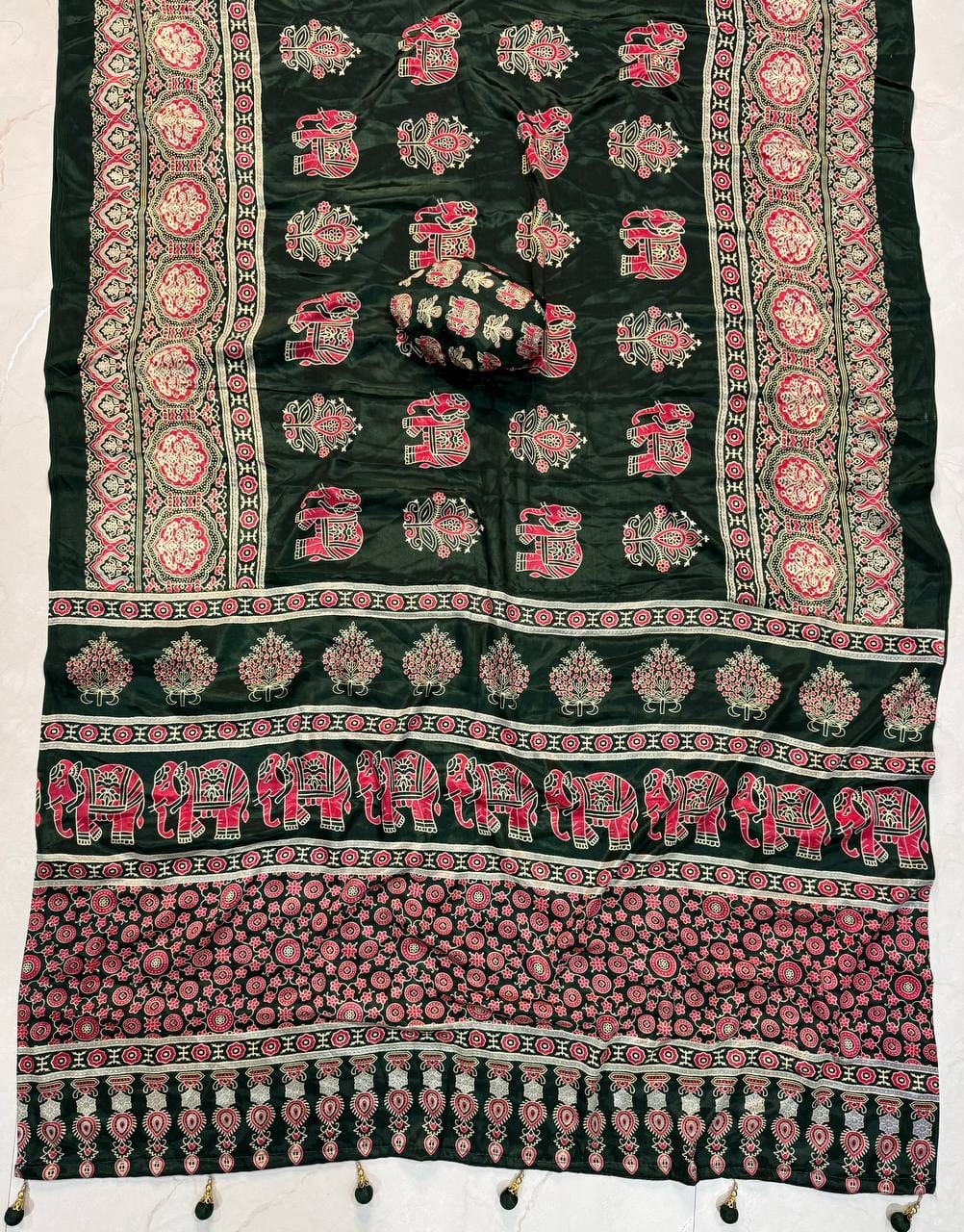 Premium Crepe Silk Designer Saree with Traditional Elephant & Floral Print