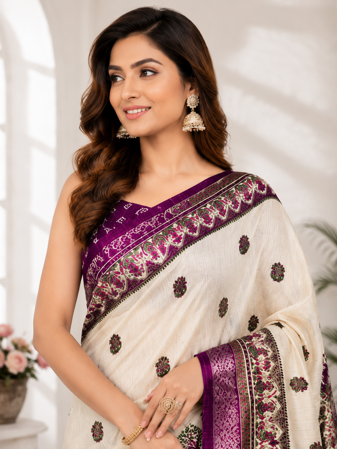 Women's Wine Dola Zari Saree with Kalash Motif, Traditional Woven Border & Unstitched Blouse