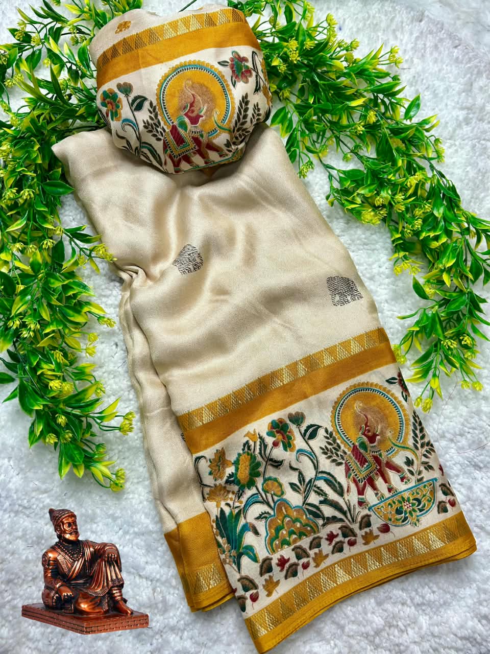 Premium Marsh Mellow Saree with Gajraj Print & Double Temple Pattu Border